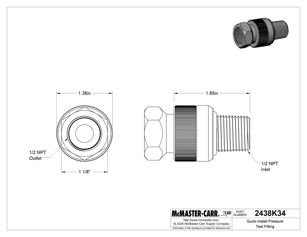 Technical Drawing of Quick-Install Pressure Test Fitting, 1/2 NPT Male Inlet x Female Outlet Adapter, Swivel.